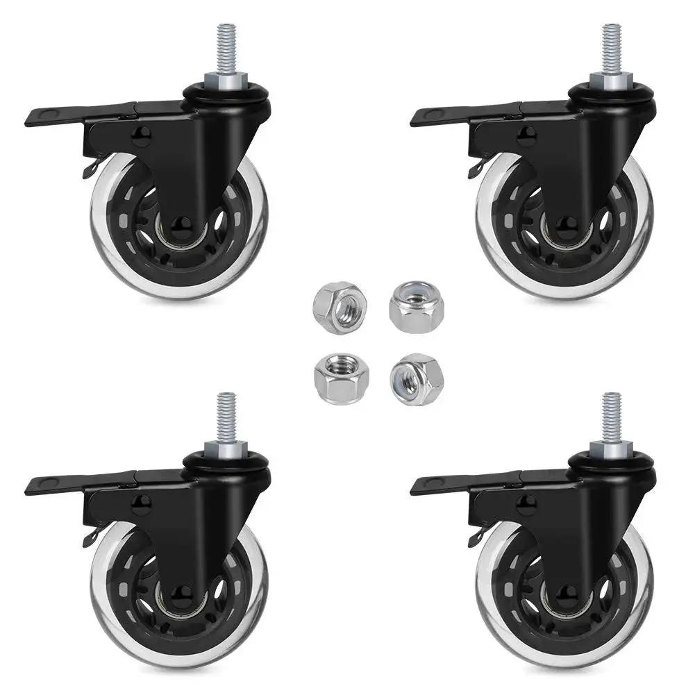 Set of 4 heavy-duty 3 inch threaded stem caster wheels with brakes, 5/16-18 UNC, shown with nylon lock nuts for workbenches and carts.
