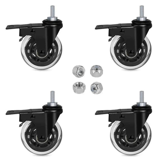 Set of 4 heavy-duty 3 inch threaded stem caster wheels with brakes, 5/16-18 UNC, shown with nylon lock nuts for workbenches and carts.
