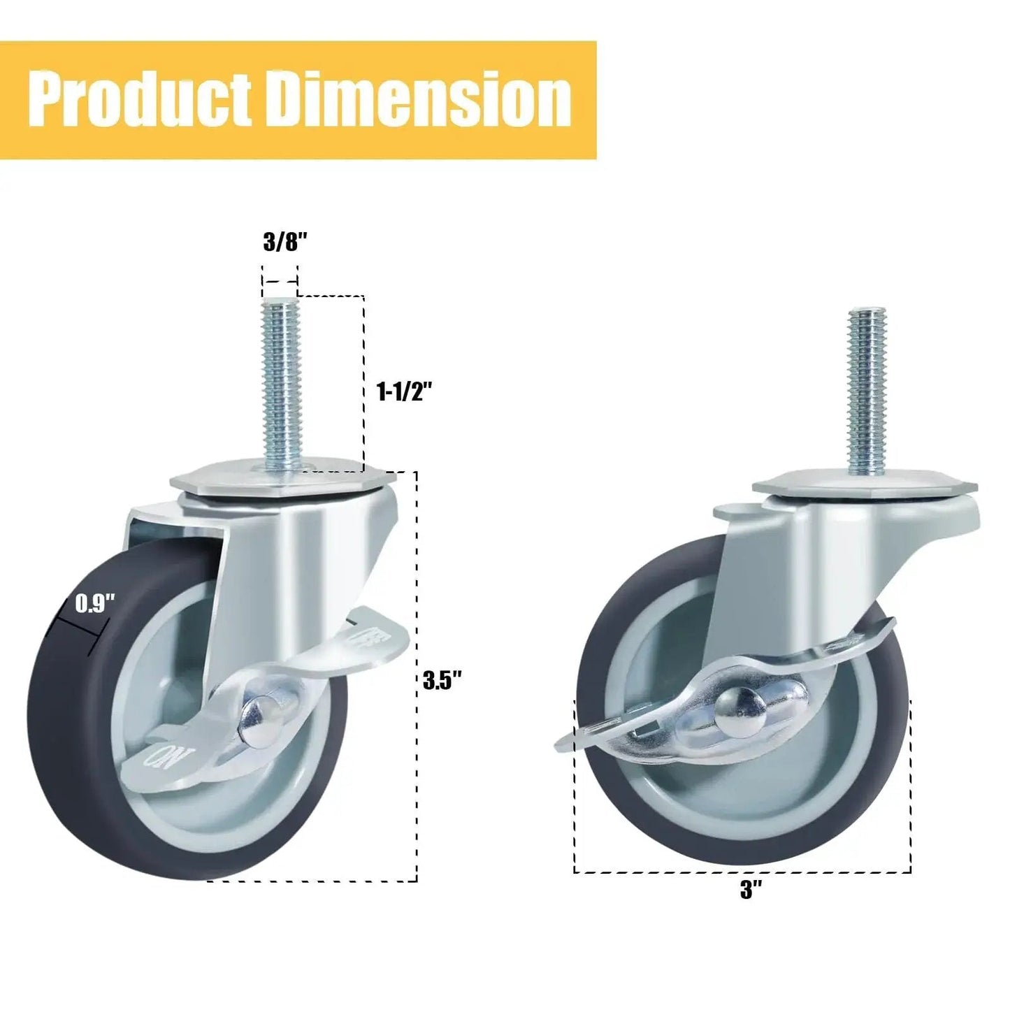 3 Inch Caster Wheels Locking Stem Casters Set Of 4 Threaded Stem Size 3 8 Inch 16 UNC By 1 2 Inch Heavy Duty Steel Housing Coffee Rubber Wheel Swivel Castors For Furniture And Carts With Side Brake dimensions
