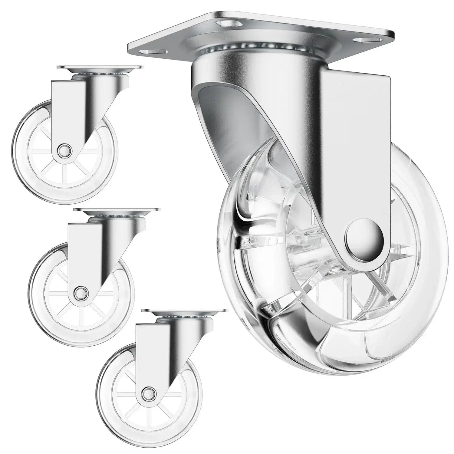 Set of four 3 inch transparent swivel casters without brakes for furniture, 360 degree rotation, lightweight yet durable polyurethane casters.