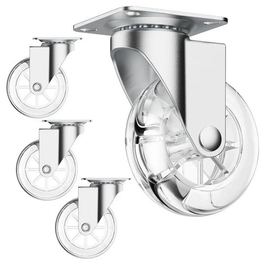 Set of four 3 inch transparent swivel casters without brakes for furniture, 360 degree rotation, lightweight yet durable polyurethane casters.