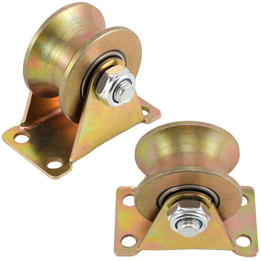 3-Inch U-Groove Caster Wheels with Bracket - Load Capacity 1102lbs - Perfect for Inverted Gates, Heavy-Duty Machines, and Wire Rope Rails (2 Pack) Ａ in gold-colored metal with mounting plates.