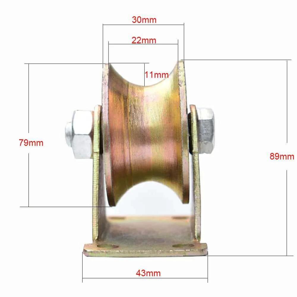 Front view of a 3-Inch U-Groove Caster Wheel with Bracket - Load Capacity 1102lbs for gates and machines with detailed measurements.