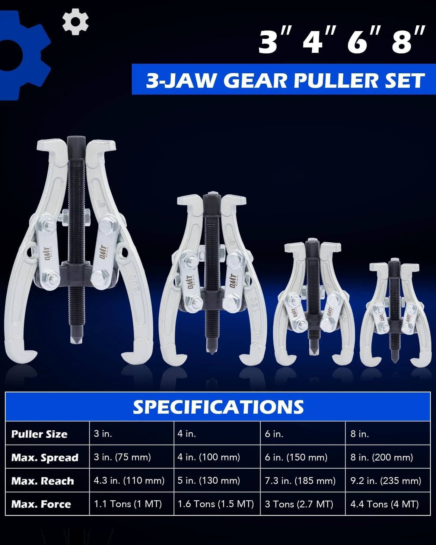 Gear Puller Set, 3" 4" 6" 8" 3 Jaw Puller Kit for Pulley Gear Bearing Flywheel Removal with specifications chart