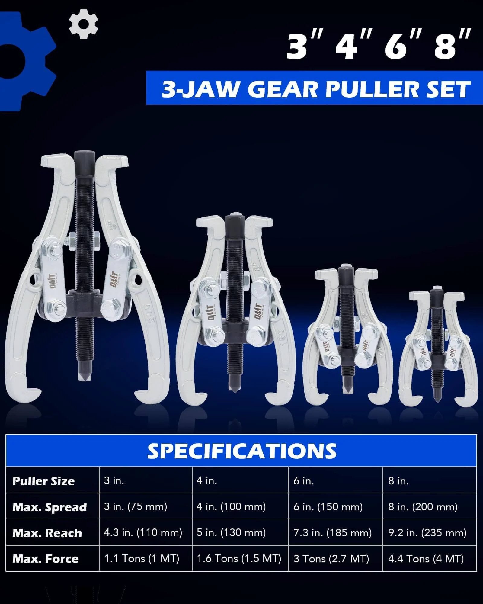 Gear Puller Set, 3" 4" 6" 8" 3 Jaw Puller Kit for Pulley Gear Bearing Flywheel Removal with specifications chart
