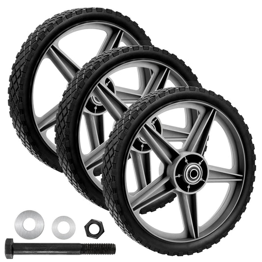 3 Pack 12 x 1.75 Inch Push Mower Replacement Wheels with Spoke Plastic Design and Diamond Tread, Solid Airless Wheels set