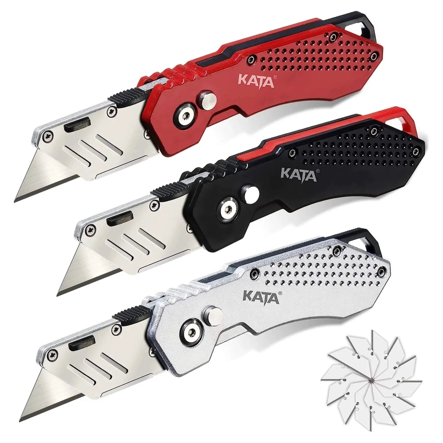 3 Pack Folding Utility Knife Set With Zinc Alloy Body, Quick Change Blades, Lock Back, Includes 12 Extra Blades