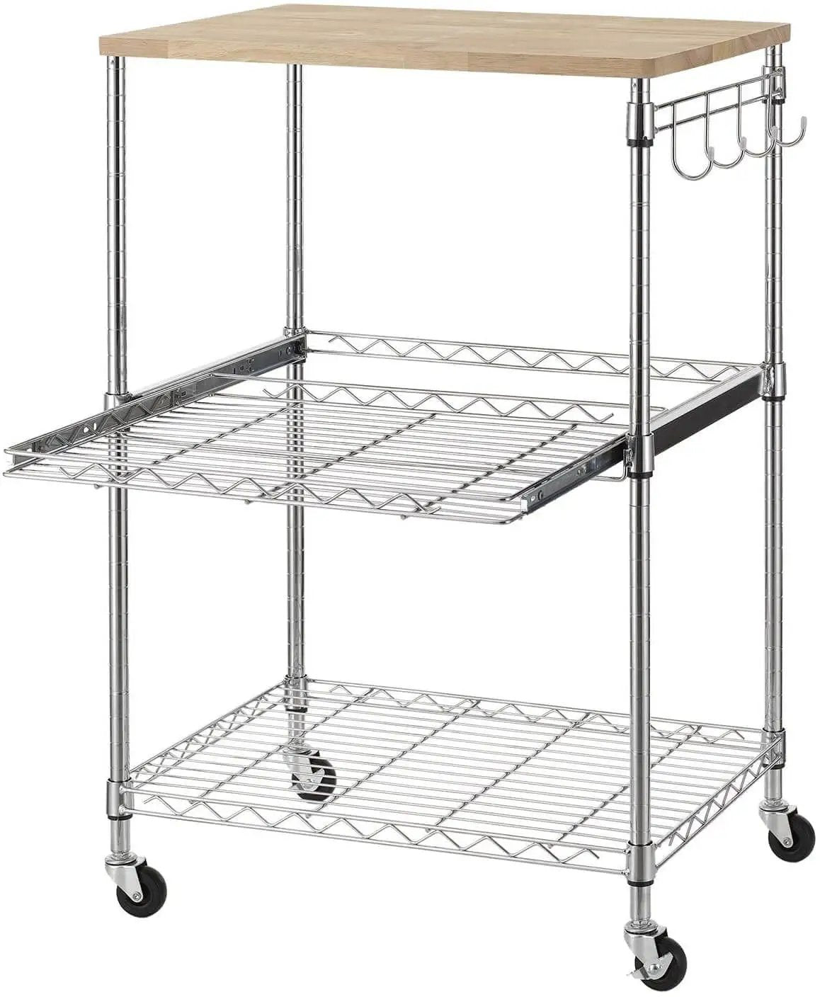 Heavy Duty 3 Tier Rolling Kitchen Cart Workhorse With Oak Wood Top And Drawer Slider Chrome Finish Four Wheels Hooks For Utensils 300 Lb Total Capacity Multi Function Kitchen Island Cart For Cooks And Caterers Finnhomy