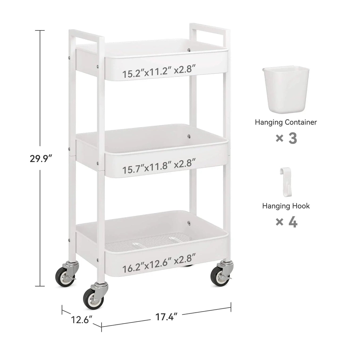 Versatile 3 Tier Rolling Cart With Locking Wheels Hanging Cups And Hooks Heavy Duty Metal Storage Organizer in white