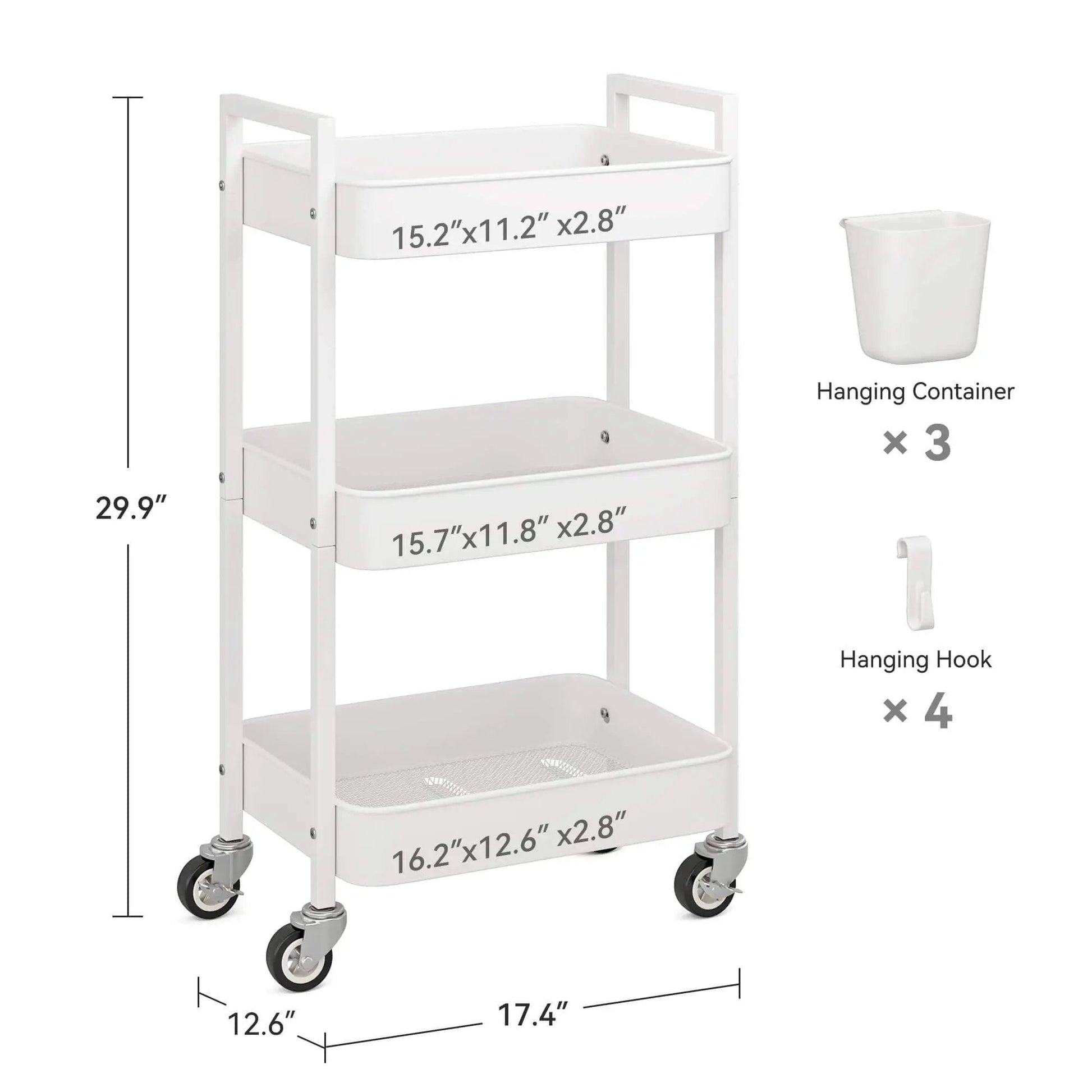 Versatile 3 Tier Rolling Cart With Locking Wheels Hanging Cups And Hooks Heavy Duty Metal Storage Organizer in white