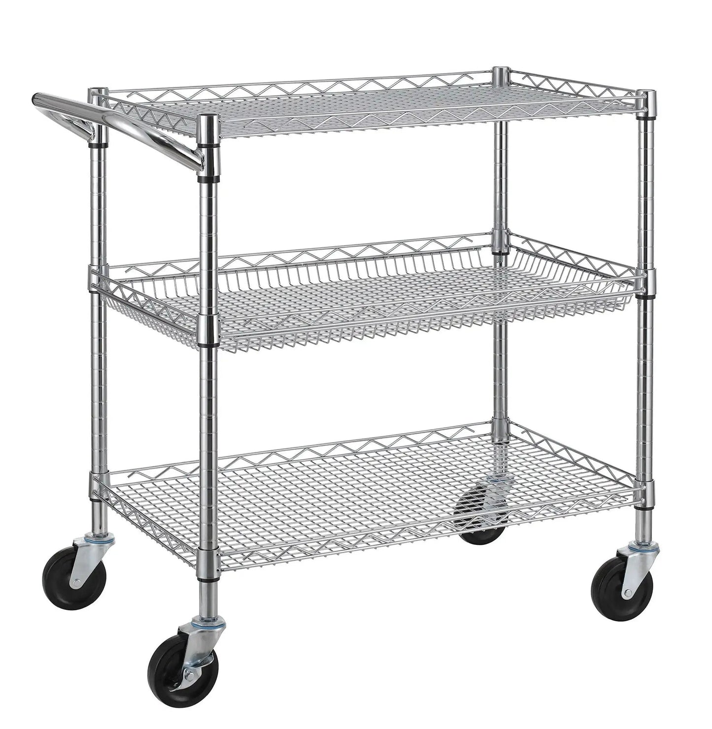 Heavy Duty Commercial Grade Utility Cart With Three Tiers And Handle Bar Steel Wire Rolling Cart With Wheels For Kitchen Workshop Or Food Storage NSF Listed Durable Plant Display Shelf Trolley Finnhomy