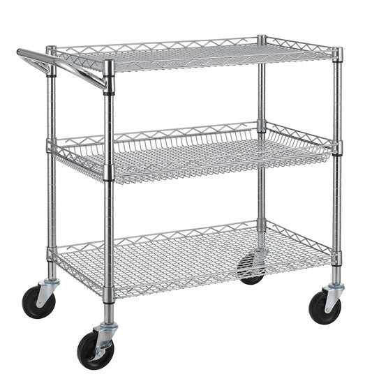 Heavy Duty Commercial Grade Utility Cart With Three Tiers And Handle Bar Steel Wire Rolling Cart With Wheels For Kitchen Workshop Or Food Storage NSF Listed Durable Plant Display Shelf Trolley Finnhomy