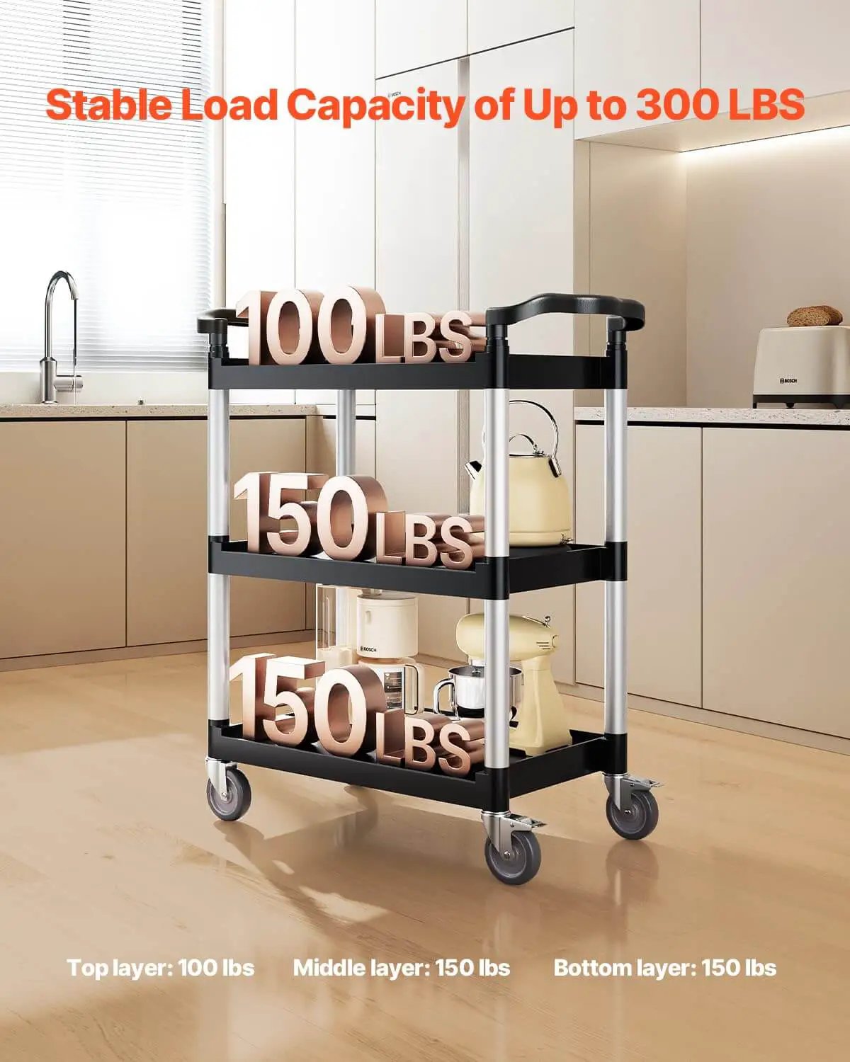 Heavy Duty 3 Tier Utility Cart With 360 Degree Swivel Wheels And Brakes, 300 Lb Load Capacity, shown in a kitchen.
