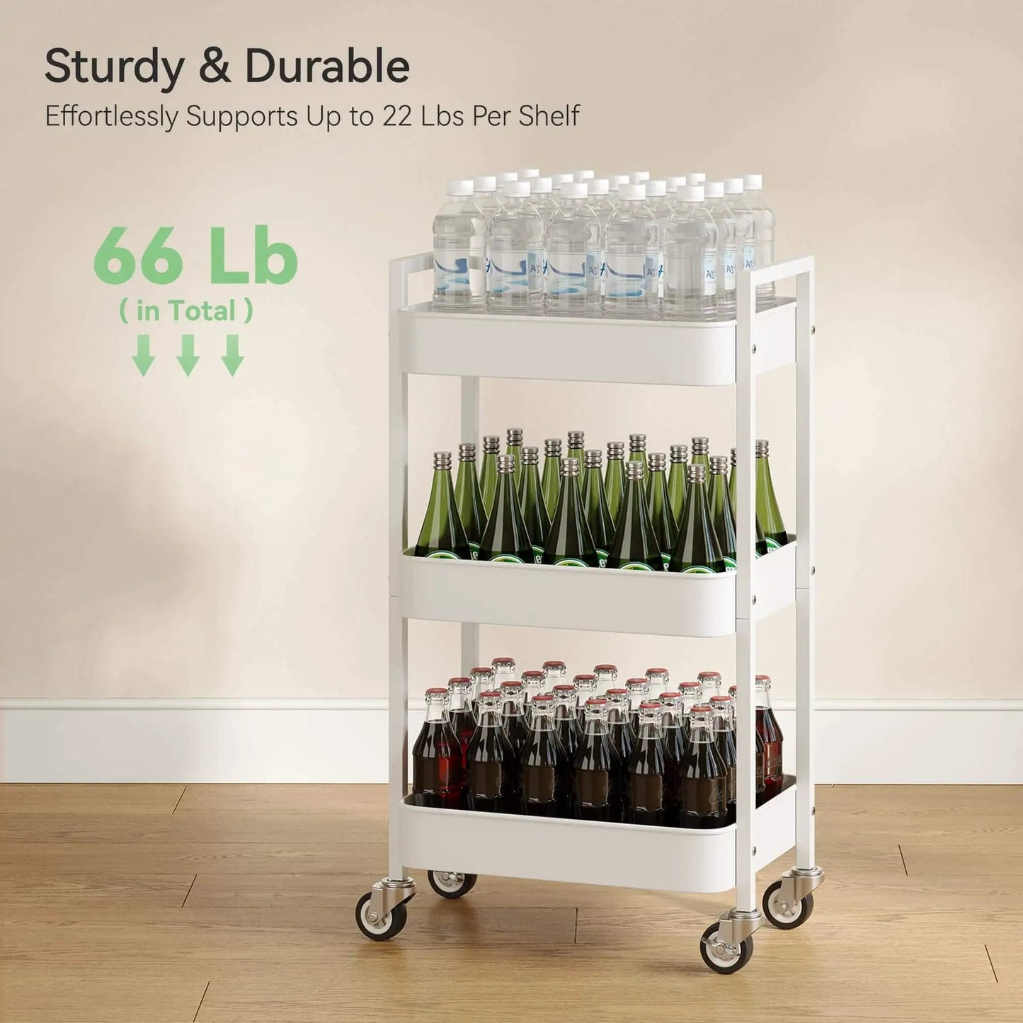 Versatile 3 Tier Rolling Cart With Locking Wheels Hanging Cups And Hooks Heavy Duty Metal Storage Organizer For Kitchen Office