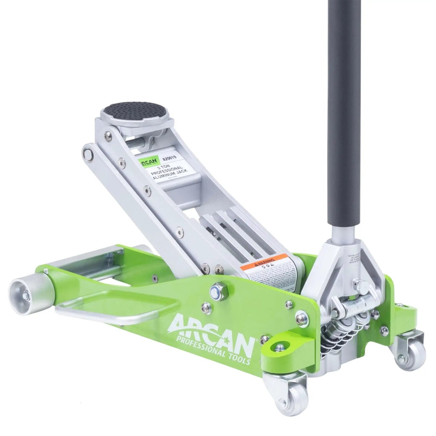 3-Ton Quick Rise Aluminum Floor Jack With Dual Pump Pistons, Reinforced Lift Arm, Side Mount Handle, Low Profile 3.75 Inch Start, 18 Inch Lift Range, Updated Model A20019 shown from the side view with green color and wheels.