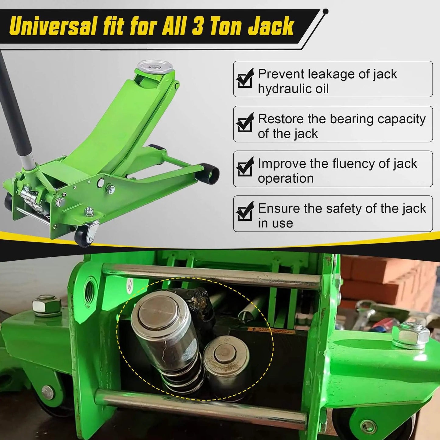 Complete 3 Ton Floor Jack Repair Kit With Low Side Pump Piston Plungers And 17 Piece Hydraulic Seal Set for dual pump jacks, green color.