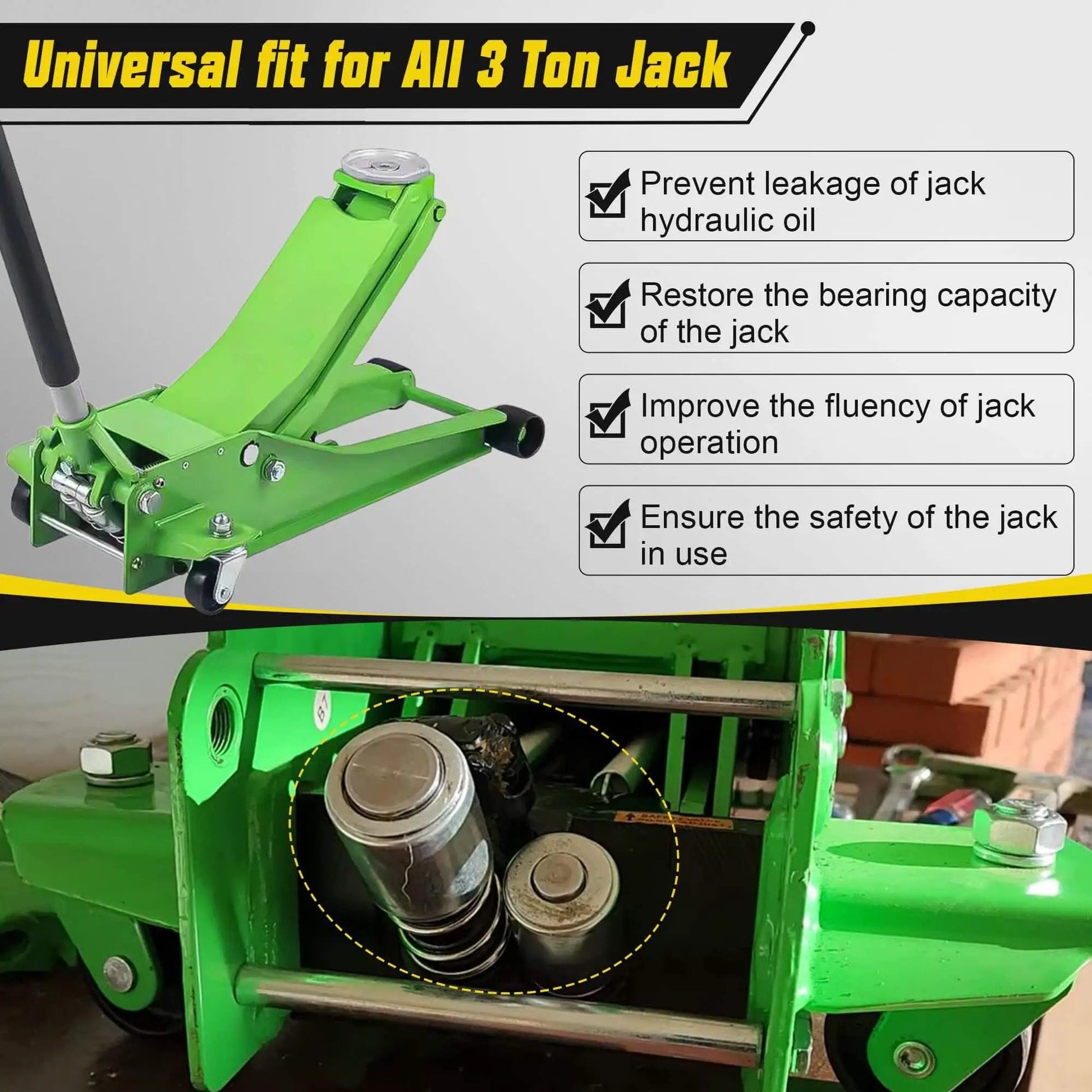 Complete 3 Ton Floor Jack Repair Kit With Low Side Pump Piston Plungers And 17 Piece Hydraulic Seal Set for dual pump jacks, green color.