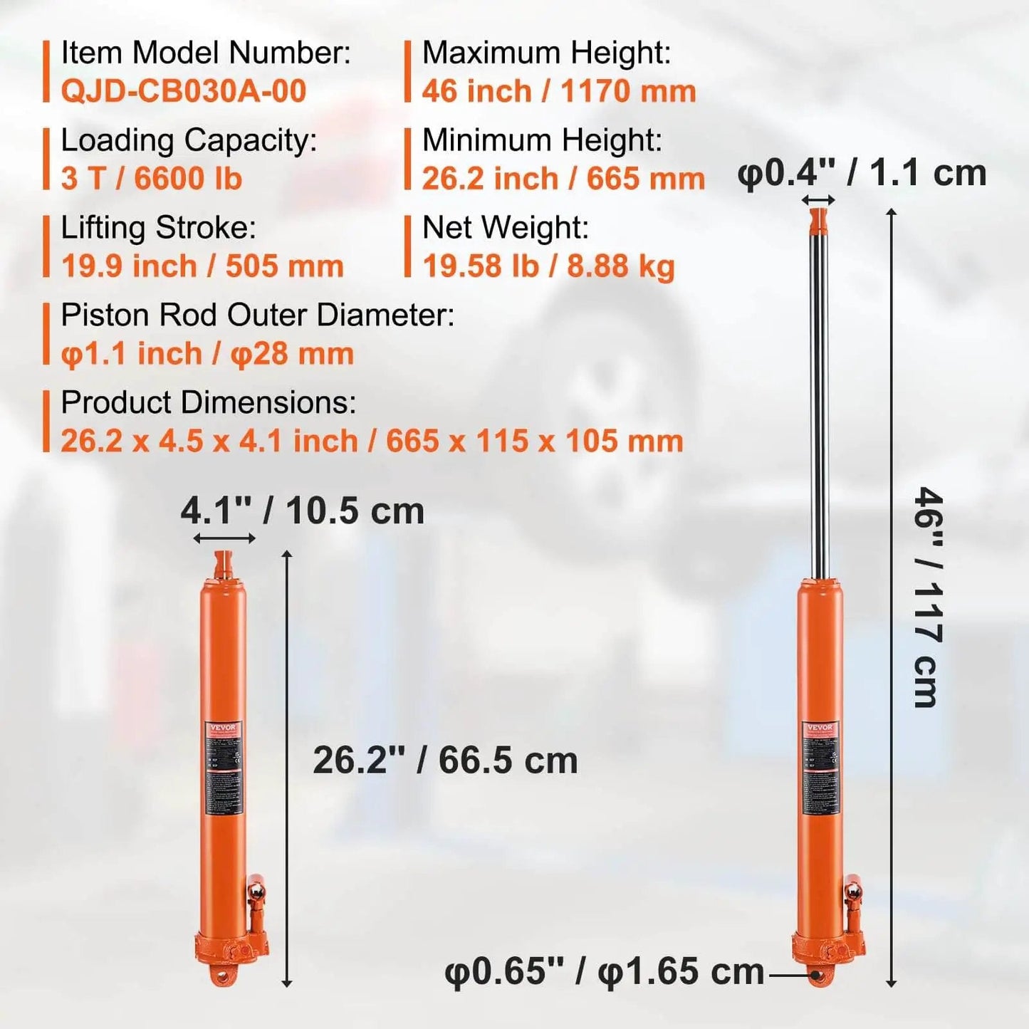Heavy Duty 3 Ton Hydraulic Long Ram Jack For Engine Hoists And Garage Cranes With Clevis Base Slow Release Lift shown with specs