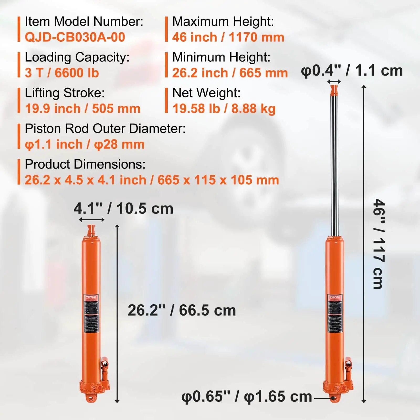 Heavy Duty 3 Ton Hydraulic Long Ram Jack For Engine Hoists And Garage Cranes With Clevis Base Slow Release Lift shown with specs