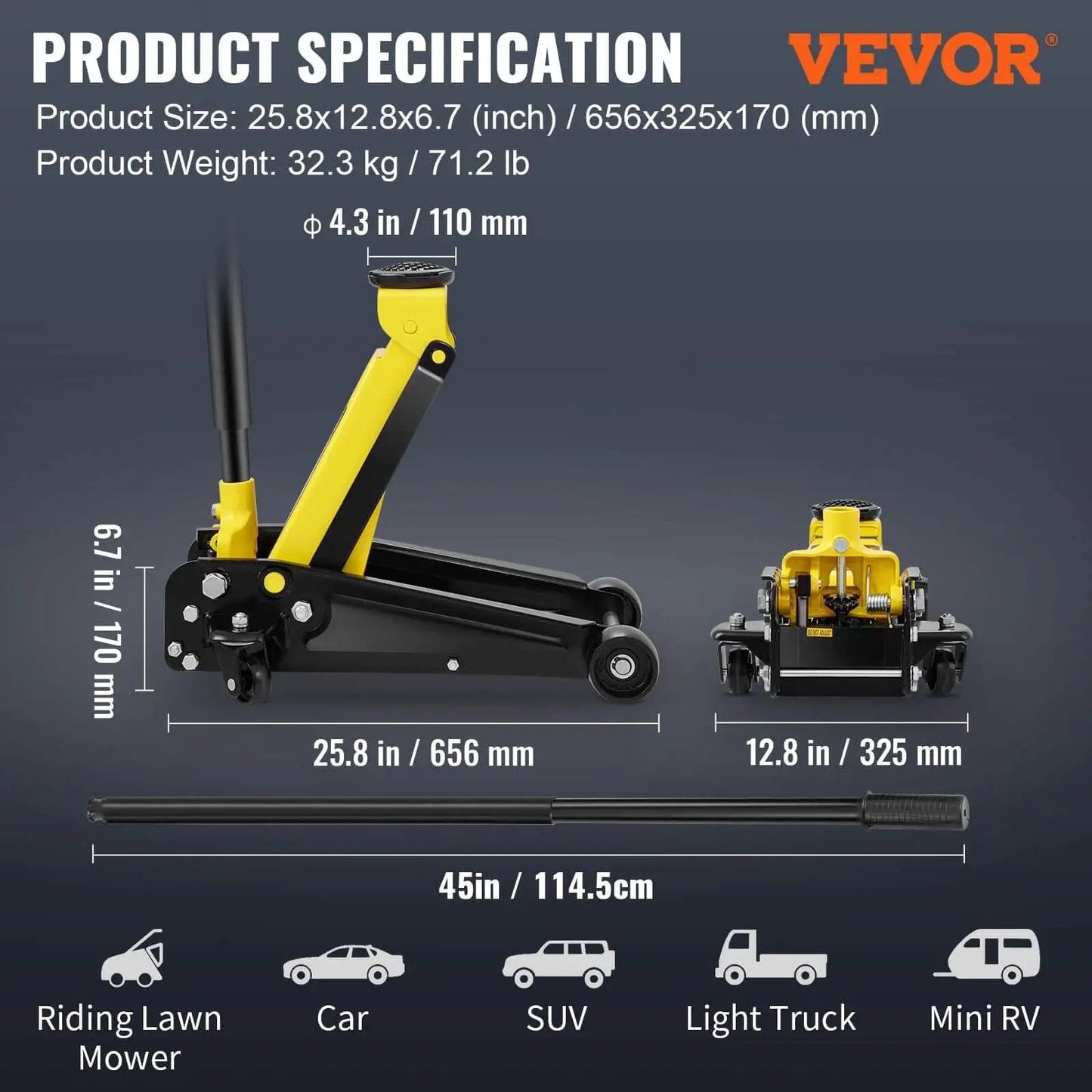 3 Ton Low Profile Floor Jack With Quick Lift Pump For All Terrain Vehicles And Cars Heavy Duty Steel Racing Jack displayed with size specifications.
