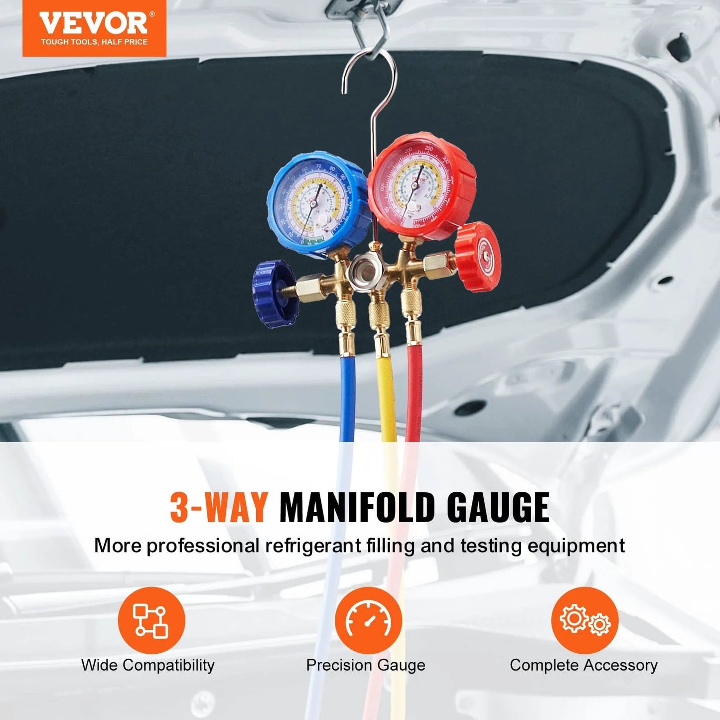 Car AC Gauge Set With 3 Way Manifold And 5 Ft Hoses Couplers And Can Tap For R134A R22 R12 R502 Refrigerants on a vehicle.