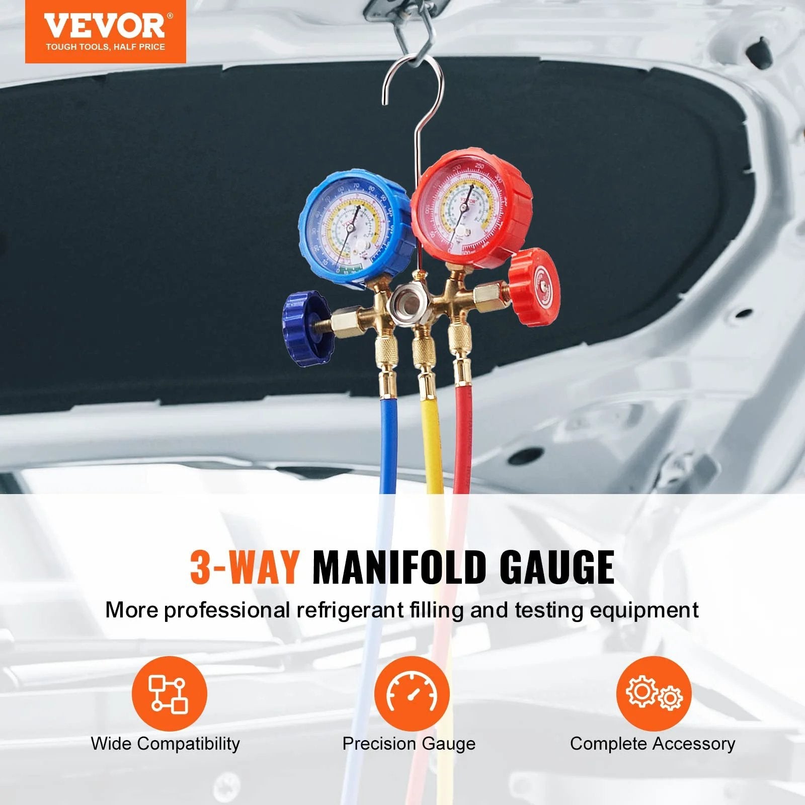 Car AC Gauge Set With 3 Way Manifold And 5 Ft Hoses Couplers And Can Tap For R134A R22 R12 R502 Refrigerants on a vehicle.