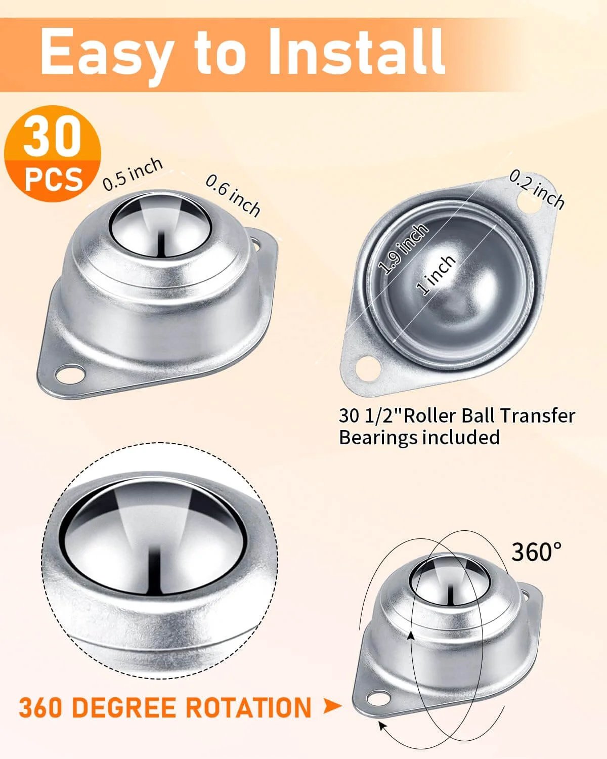 30 PCS Roller Ball Transfer Bearings with 360-Degree Rotation, easy installation, detailed size measurements, and stable alignment.