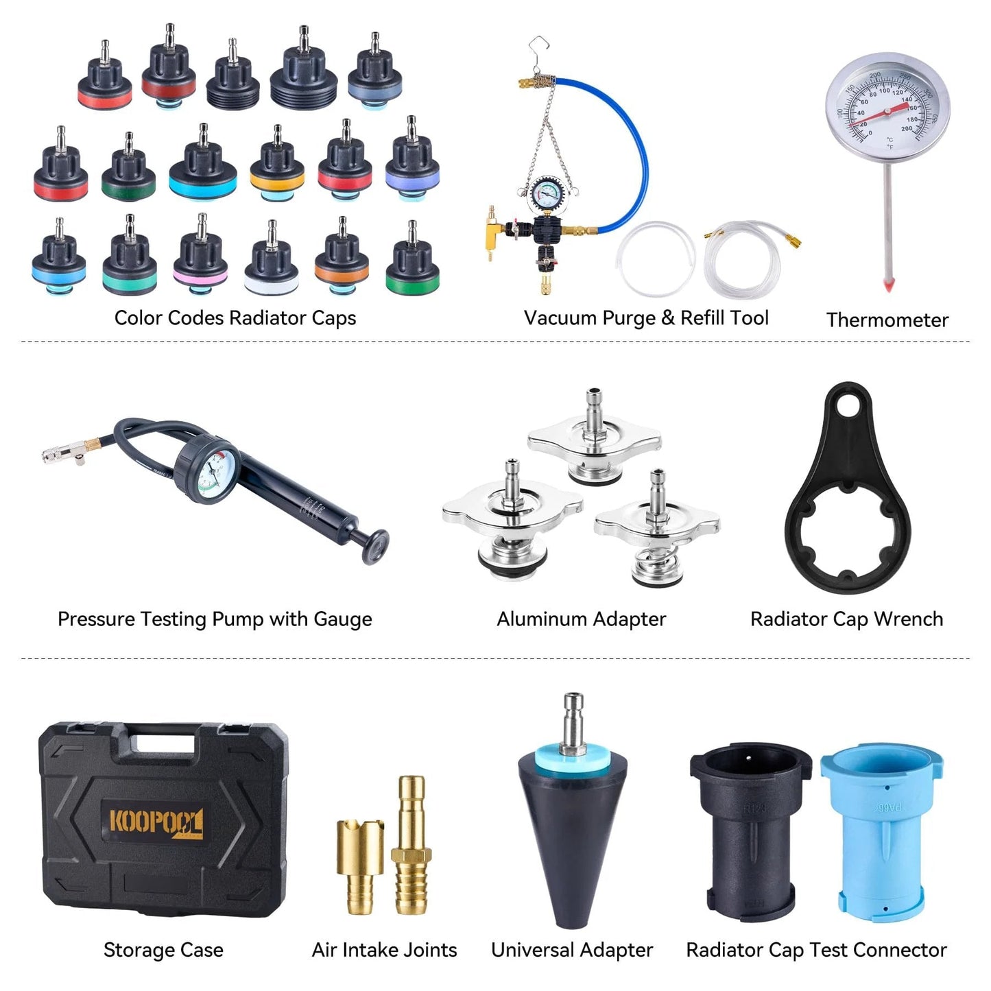 30 Piece Radiator Pressure Tester Kit With Vacuum Refill For Automotive Cooling System Leak Detection, DIY Friendly, Includes 17 Color Coded Test Caps And 3 Test Covers, Universal Compatibility With Japanese European And American Cars, KOOPOOL components laid out, showing caps, tools, and storage case.