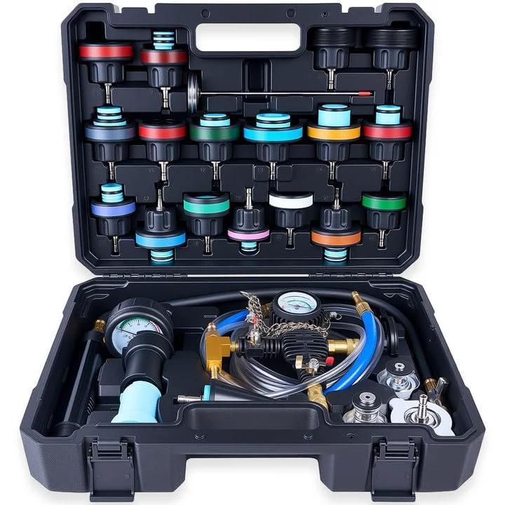 30 Piece Radiator Pressure Tester Kit With Vacuum Refill For Automotive Cooling System Leak Detection, DIY Friendly, Includes 17 Color Coded Test Caps And 3 Test Covers, Universal Compatibility With Japanese European And American Cars, KOOPOOL inside a case showing components.