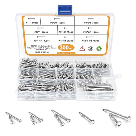 300 Pcs Stainless Steel Wood Screws Assortment Kit with 9 Sizes #4 #6 #8 #10 #12 Truss Head Self Tapping Sheet Metal Screws Ranging from 1/4 to 1-1/2 Inches for Wood Deck Drywall and Concrete Use