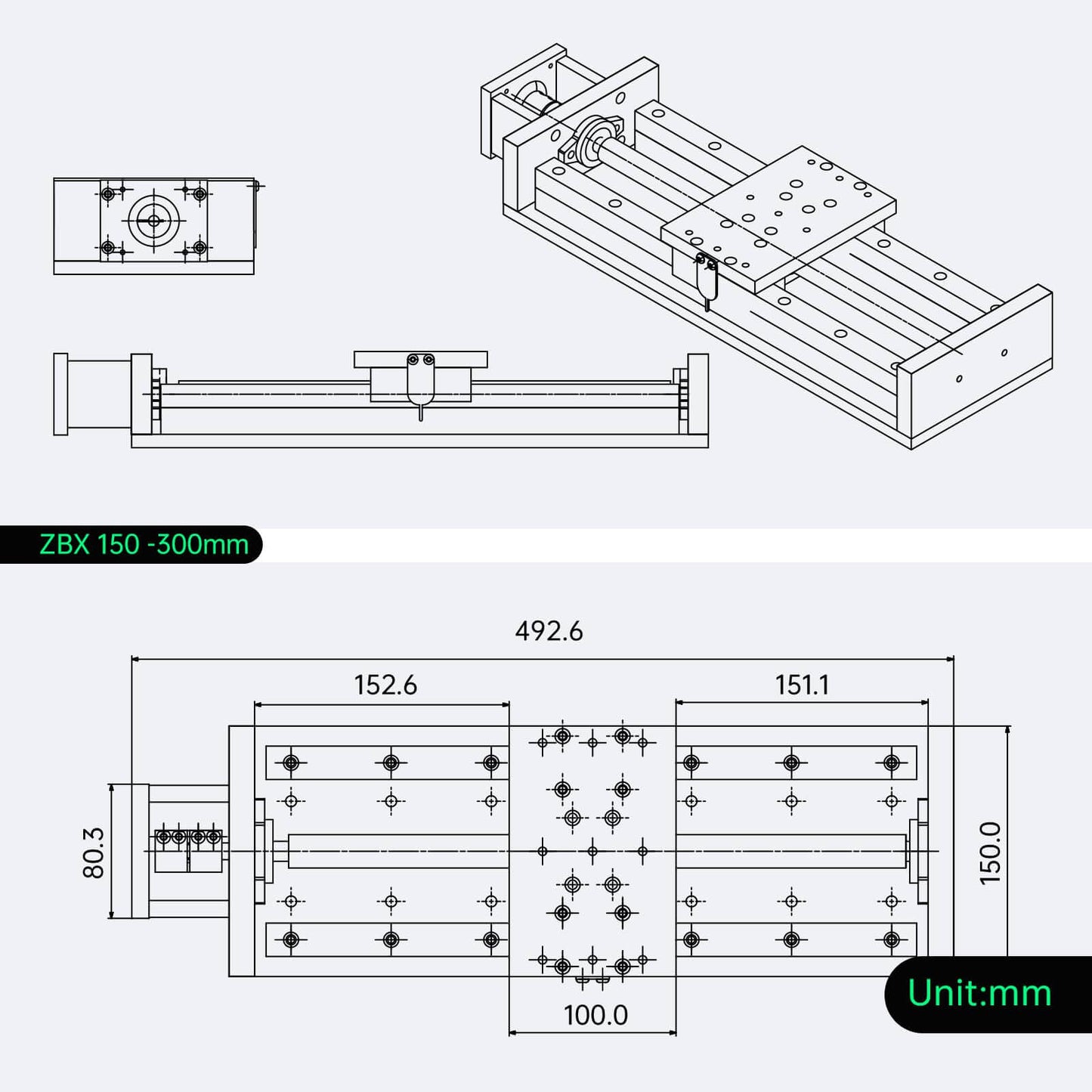 Technical diagram of 300mm/11.81" Stroke CNC Linear Stage Motion Actuator X/Y/Z Axis Cross Sliding Table Double Linear Slide Rail Guide 1605 Ballscrew with Limit Switch+Motor Mount Bracket for CNC Router.