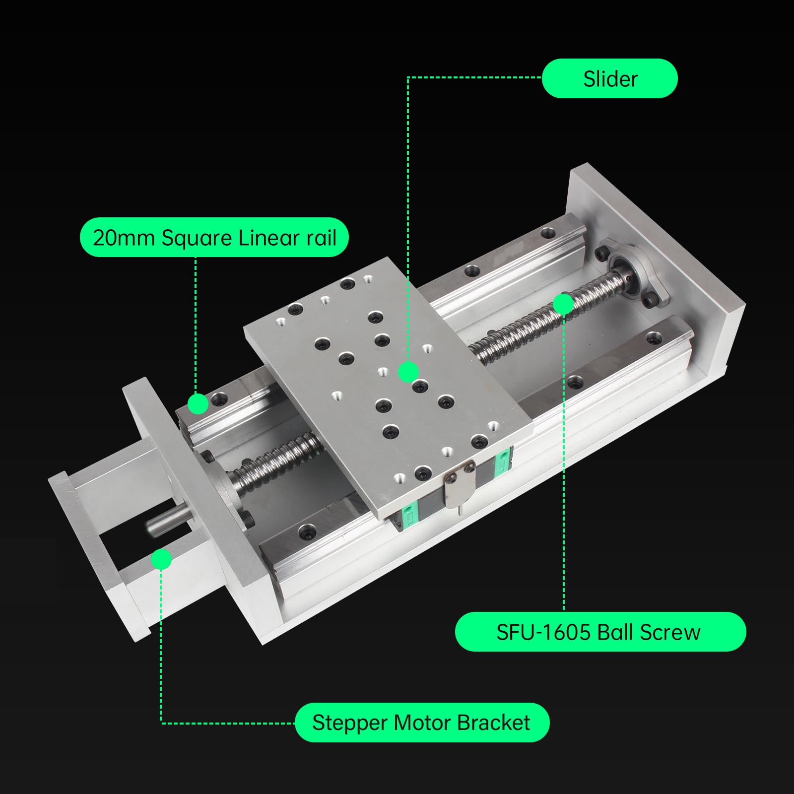 300mm/11.81" Stroke CNC Linear Stage Motion Actuator X/Y/Z Axis Cross Sliding Table Double Linear Slide Rail Guide 1605 Ballscrew with Limit Switch+Motor Mount Bracket for CNC Router; diagram labels components like slider, ball screw, and motor bracket