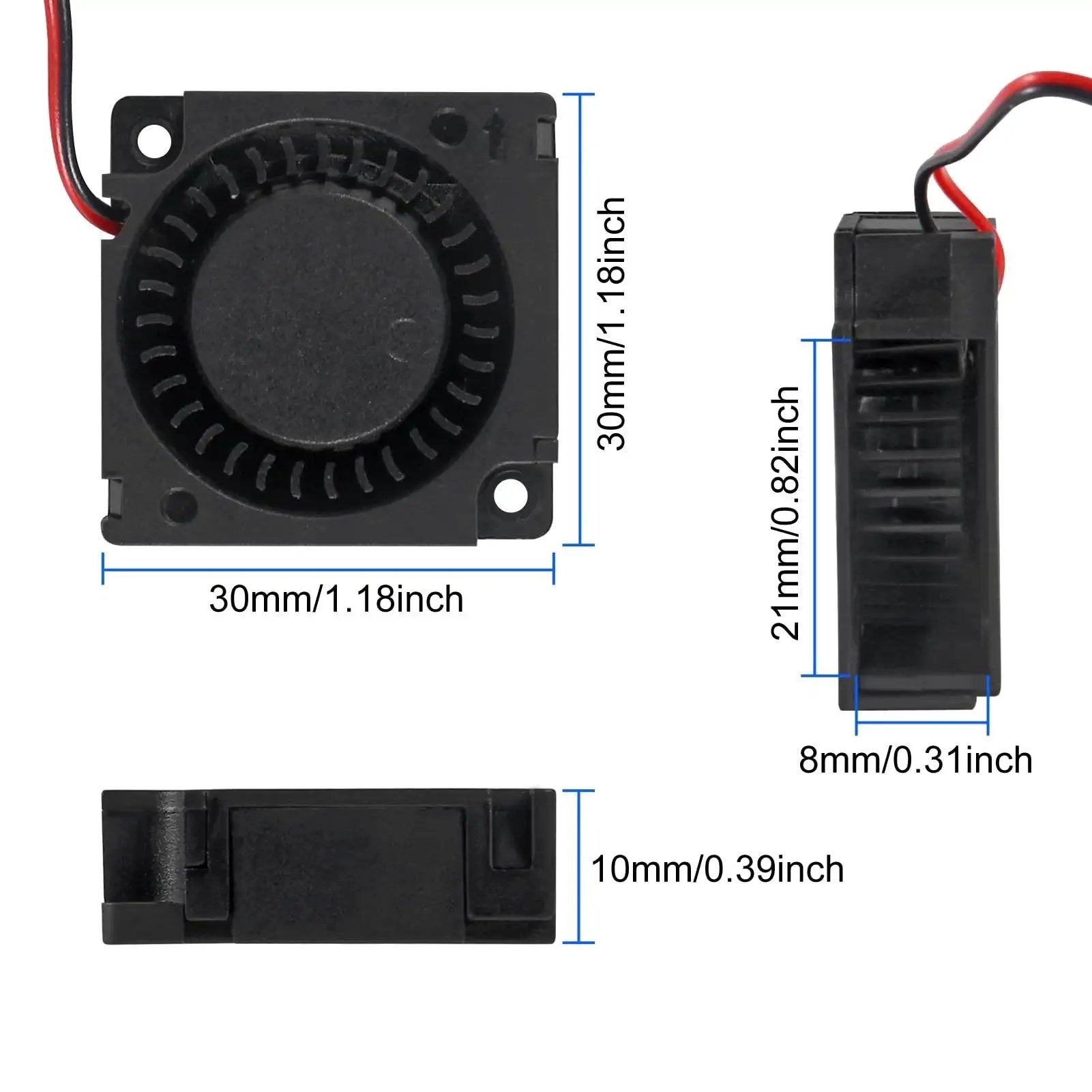 6 Pack 3010 30x30x10mm Brushless DC Cooling Fans With Sleeve Bearings, front, side, and close-up views showing dimensions.