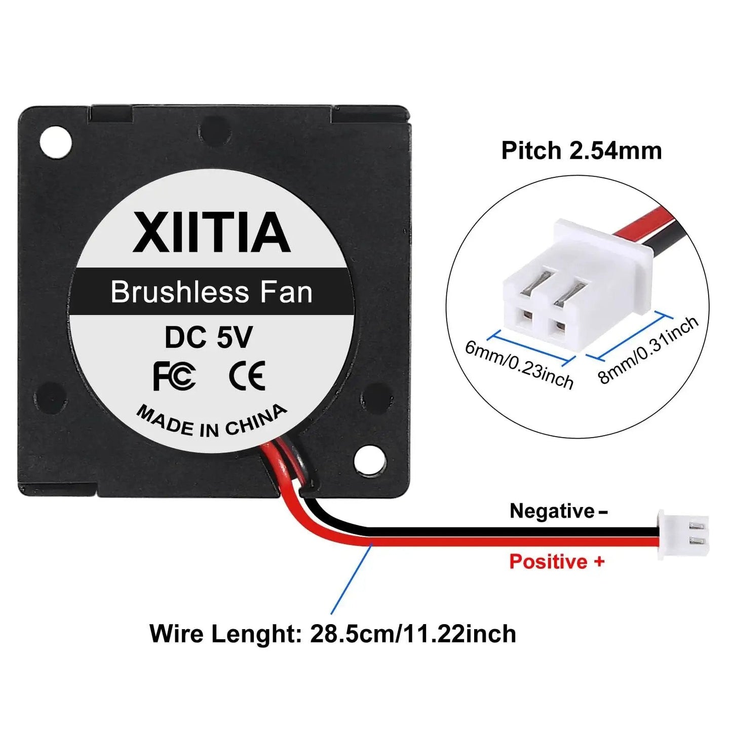 6 Pack 3010 30x30x10mm Brushless DC Cooling Fans with wiring details for 3D printer, Raspberry Pi, and computer case cooling.