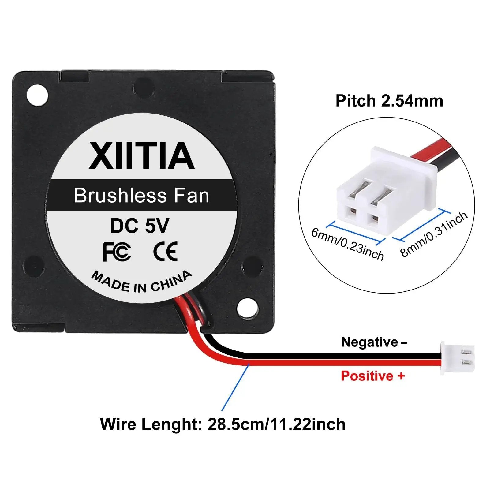 6 Pack 3010 30x30x10mm Brushless DC Cooling Fans with wiring details for 3D printer, Raspberry Pi, and computer case cooling.