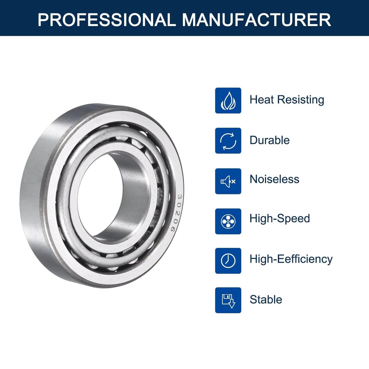 2 Pack 30206 Tapered Roller Bearing Cone and Cup Set, 30mm Bore, 62mm OD, 17.5mm Cup Width, chrome steel, shown with features list