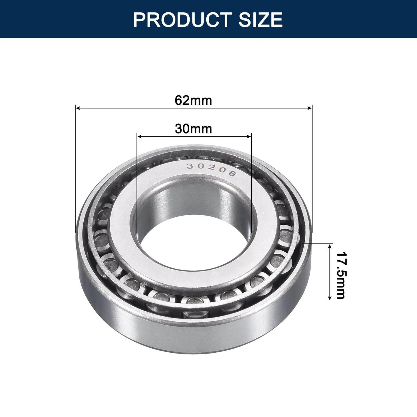 2 Pack 30206 Tapered Roller Bearing Cone and Cup Set, 30mm Bore 62mm OD 17.5mm Cup Width, Chrome Steel Wheel Bearings, ABEC-3 size diagram.