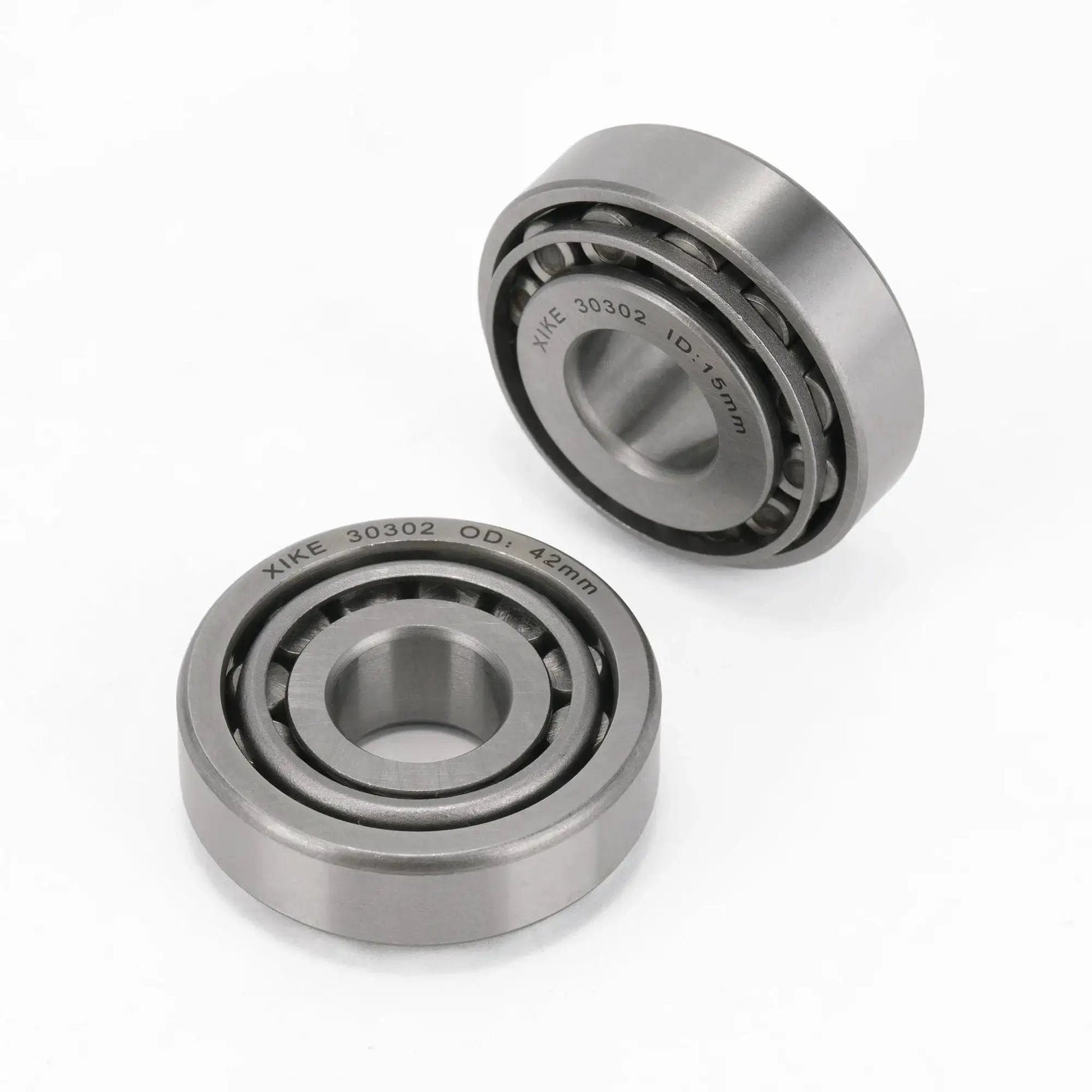 Two Piece 30302 Tapered Roller Bearing Cone And Cup Set 15x42x14.25mm in chrome steel, suitable for vehicles and machinery.
