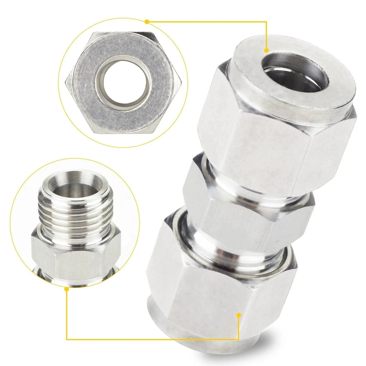 Metric 304 Stainless Steel Compression Union Tube Fitting 12mm Tubing OD Two Piece Pack, showing connection details