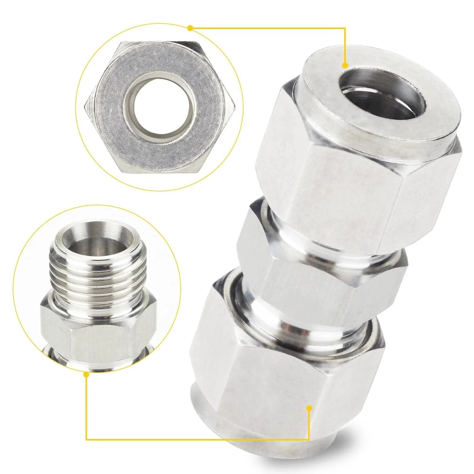 Metric 304 Stainless Steel Compression Union Tube Fitting 12mm Tubing OD Two Piece Pack, showing connection details