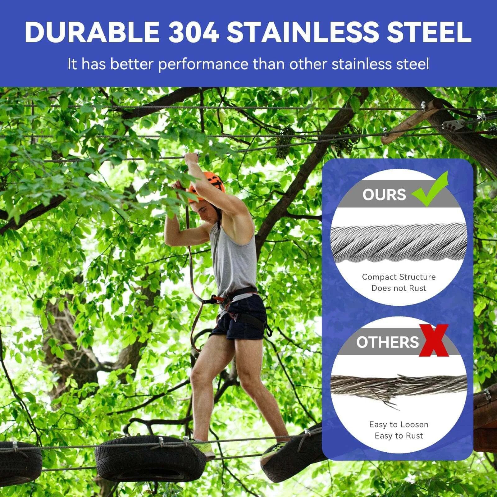 Man on course using 1/4" Stainless Steel Cable,7x19 Strand Aircraft Wire Rope,Cable for Heavy Duty Applications,Outdoor Pulley Cables,Deck Railing, with Gloves,Breaking Strength 6400 Ibs,300FT