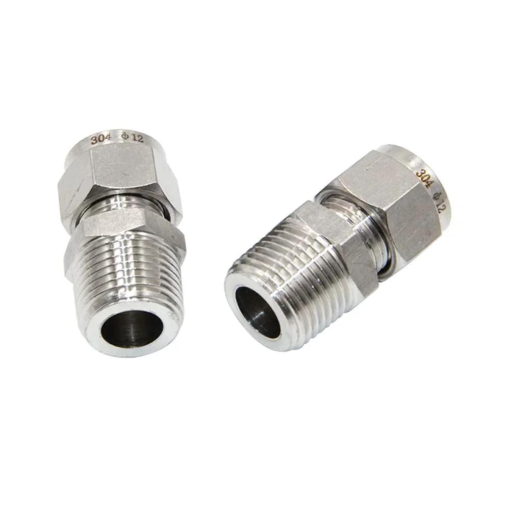 Pair of 304 stainless steel compression fittings for 1/4" OD tube to 1/8" NPT male coupler with double ferrules pack of two.
