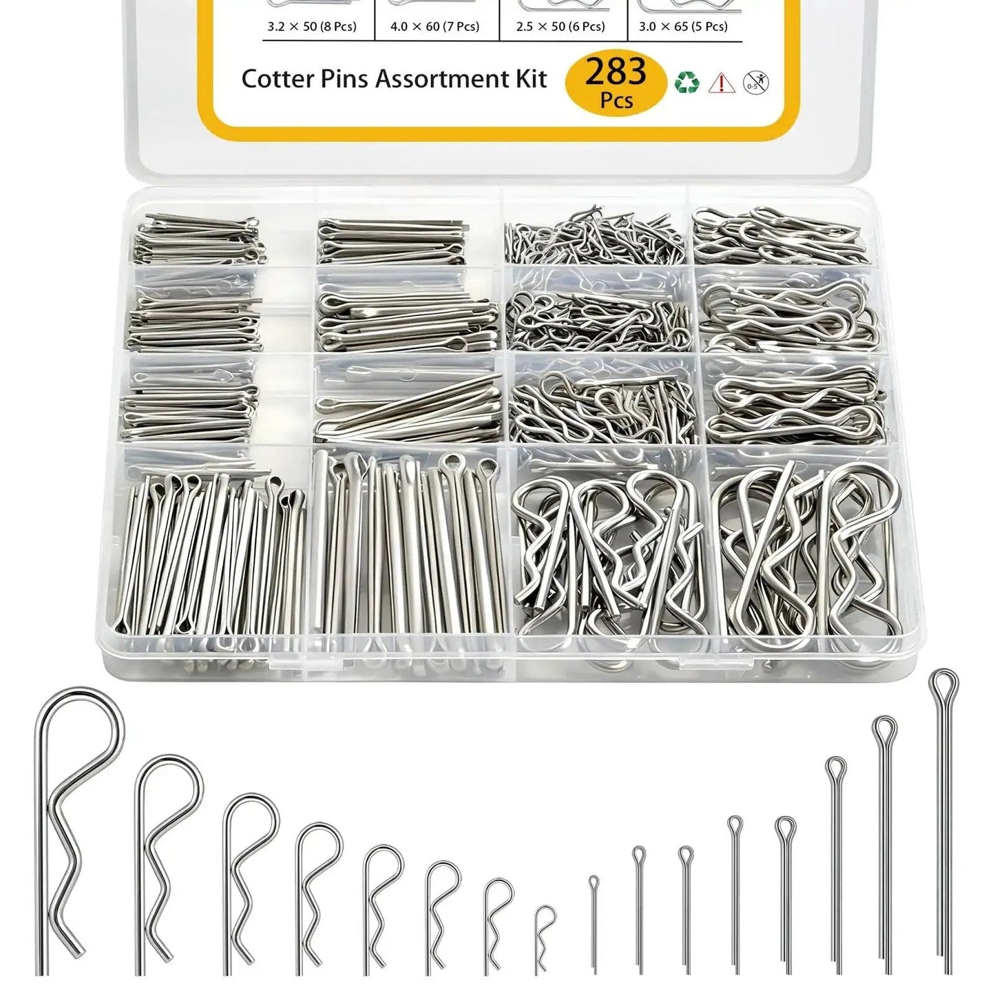 All Purpose Cotter Pin Kit With 283 Pcs In 304 Stainless Steel 16 Sizes Of Straight Pins And 129 R Clips neatly organized in a case