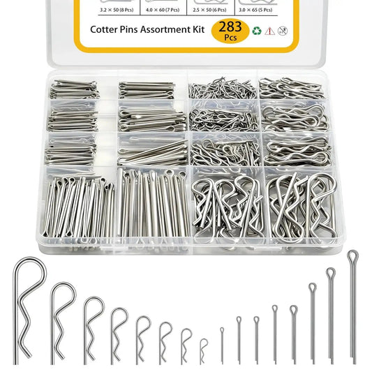 All Purpose Cotter Pin Kit With 283 Pcs In 304 Stainless Steel 16 Sizes Of Straight Pins And 129 R Clips neatly organized in a case