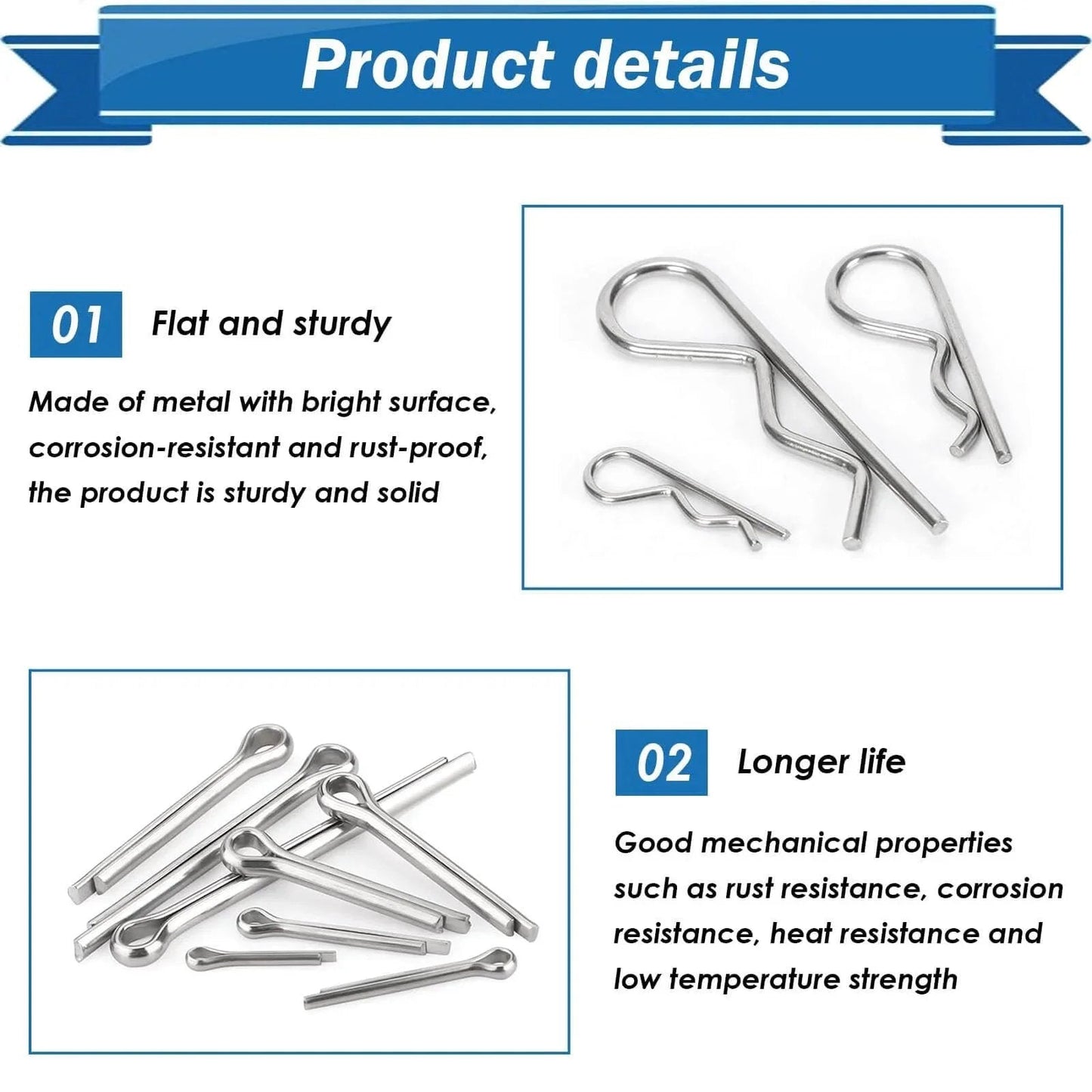 304 Stainless Steel Cotter Pin Assortment Kit 13 Sizes Cotter Pins And R Clips detail view with product features text