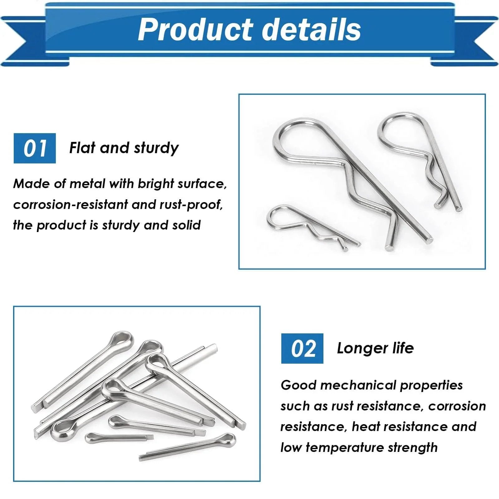 304 Stainless Steel Cotter Pin Assortment Kit 13 Sizes Cotter Pins And R Clips detail view with product features text