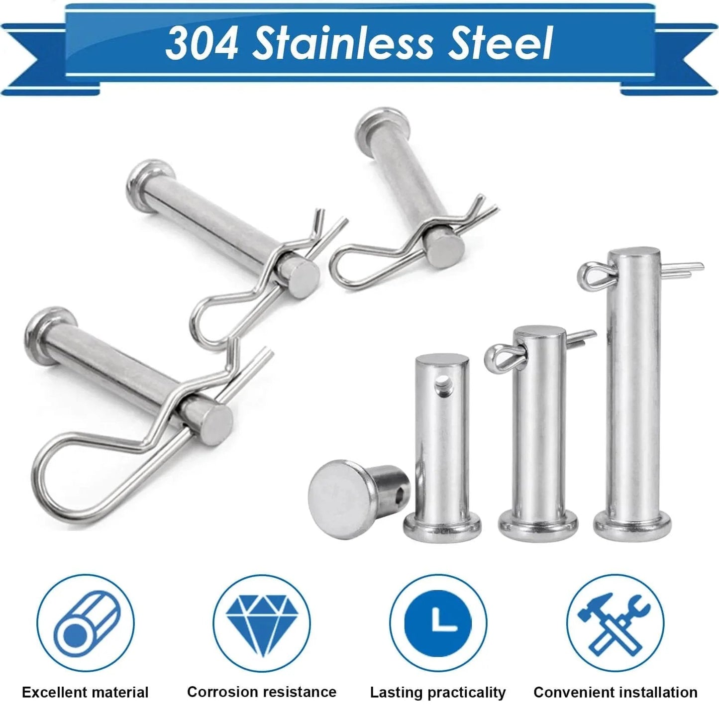 304 Stainless Steel Cotter Pin Assortment Kit 13 Sizes Cotter Pins And R Clips For Hitch Pin Lock Systems displayed with features