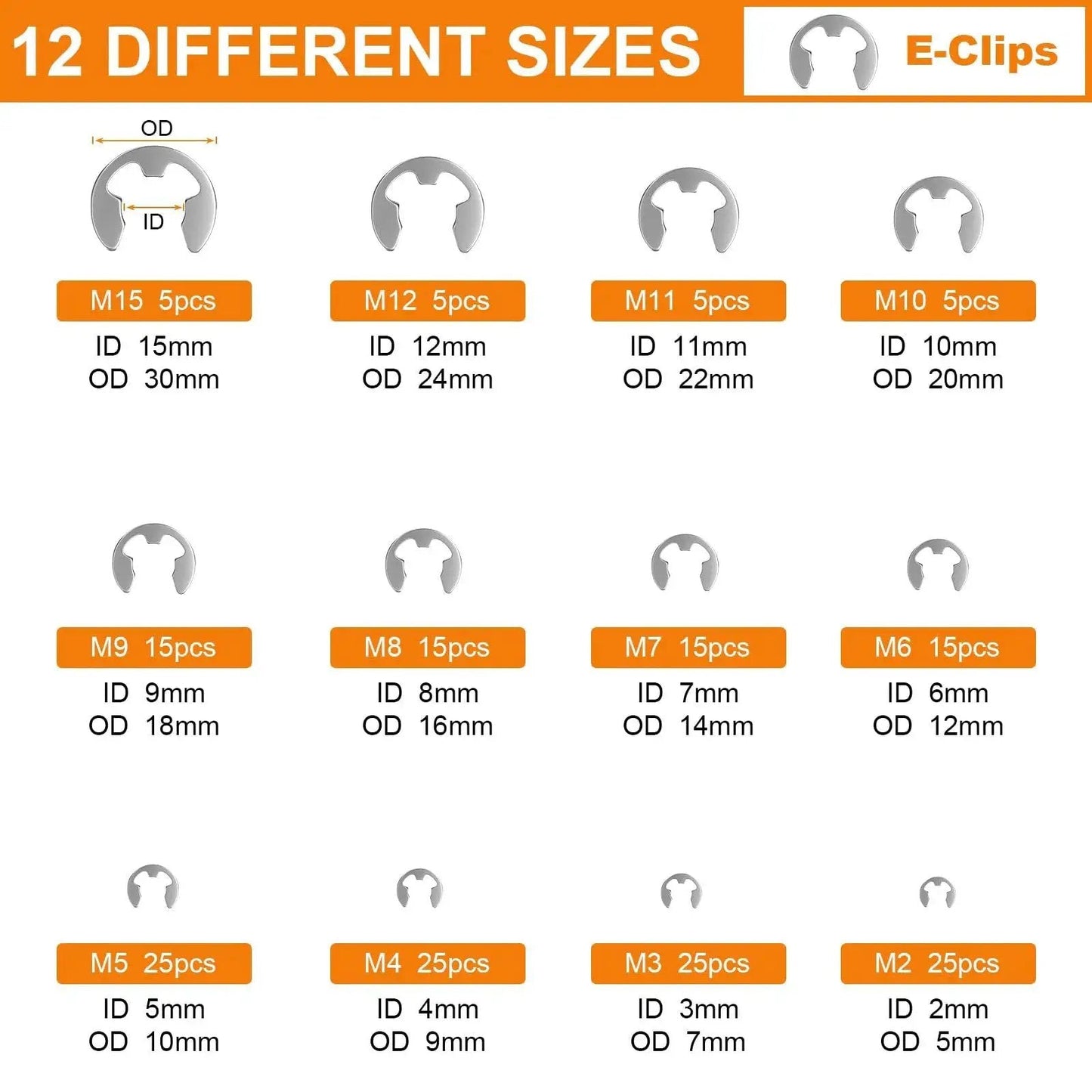 312 Piece Retaining Ring Kit With E Clips And External C Clips In 304 Stainless Steel, showing 12 E-clip sizes