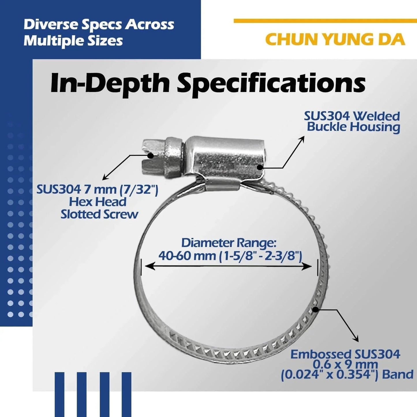 Embossed Worm Gear Hose Clamps Size 28 For One And Five Eighths Inch To Two And Three Eighths Inch Hoses Heavy Duty All 304 Stainless Steel Automotive Hose Clips Forty To Sixty Millimeter Ten Pack image with size details and specifications.