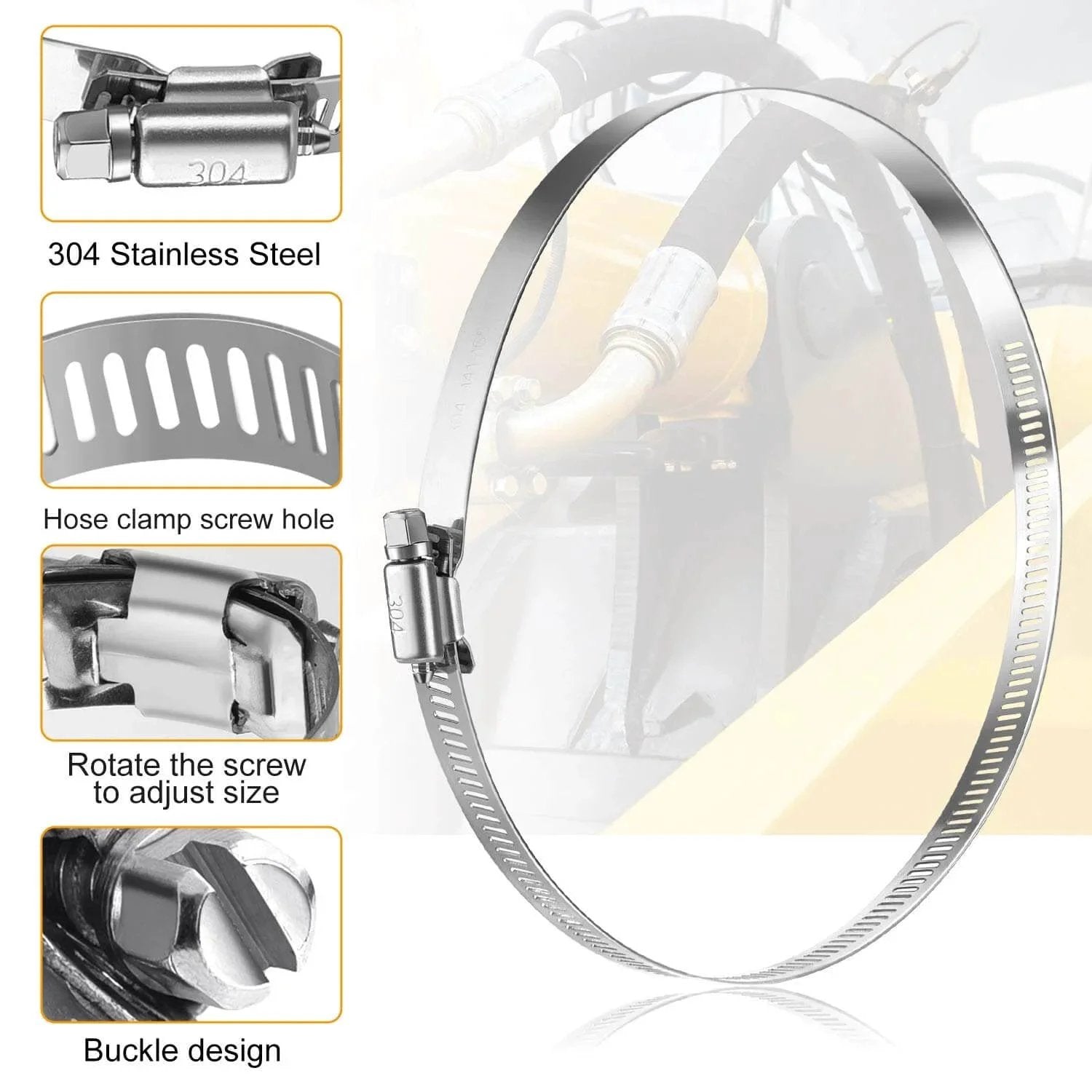 Pack Of 6 Adjustable 6 Inch Hose Clamps In 304 Stainless Steel With Worm Gear Mechanism showing features and usage